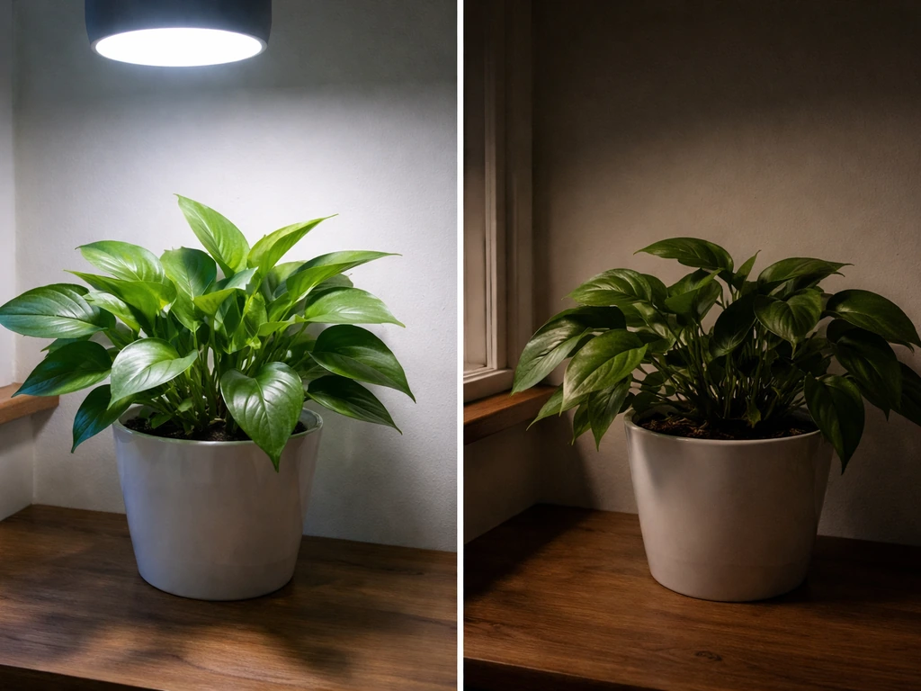 Left plant thriving under grow light, right plant struggling in near darkness.