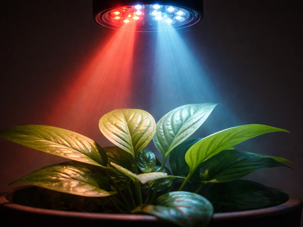 Close-up of a grow LED lamp over leafy plant canopy with red and blue light beams.