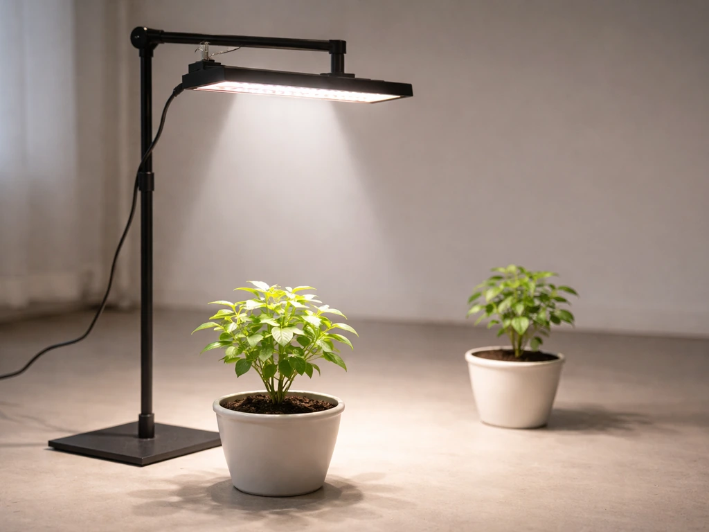 Adjustable grow light with two plants at different distances showing dimmer leaves on the farther plant.