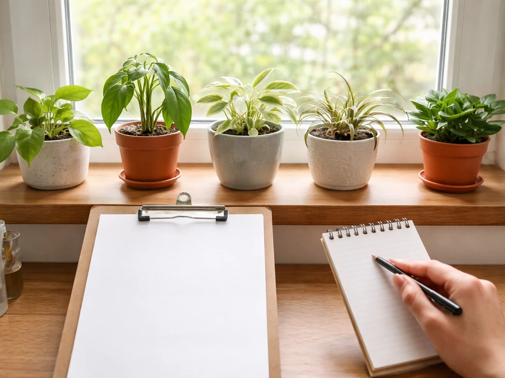 Indoor row of potted plants beside a blank checklist board on a windowsill in natural light.