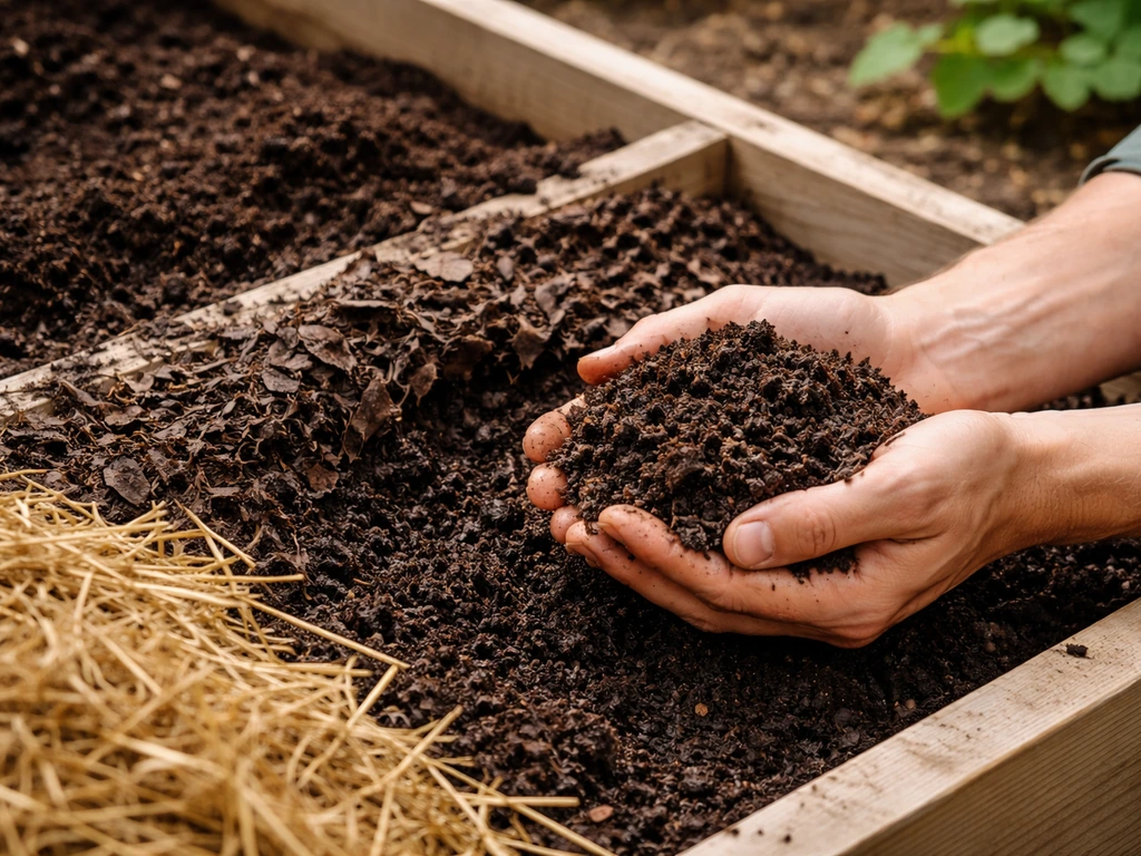 Gardener’s hands adding finished compost to a garden bed beside mulch and leaf mold.