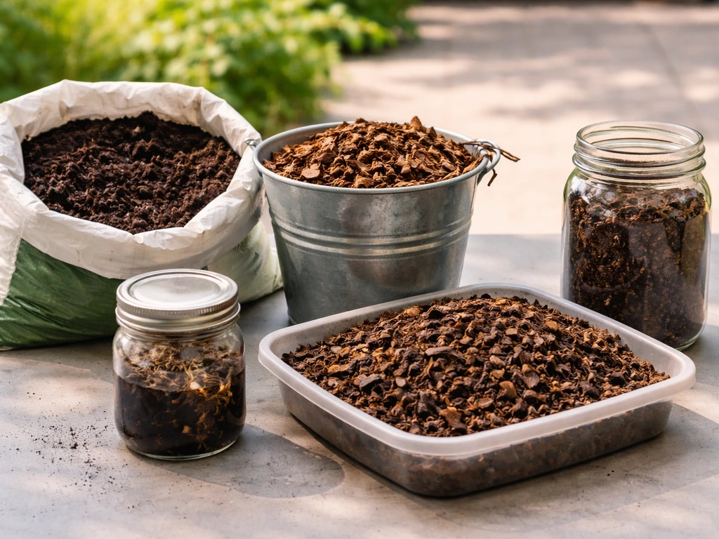 Garden soil amendment items: compost, mulch, leaf mold, worm castings, and compost tea ingredients in jars.