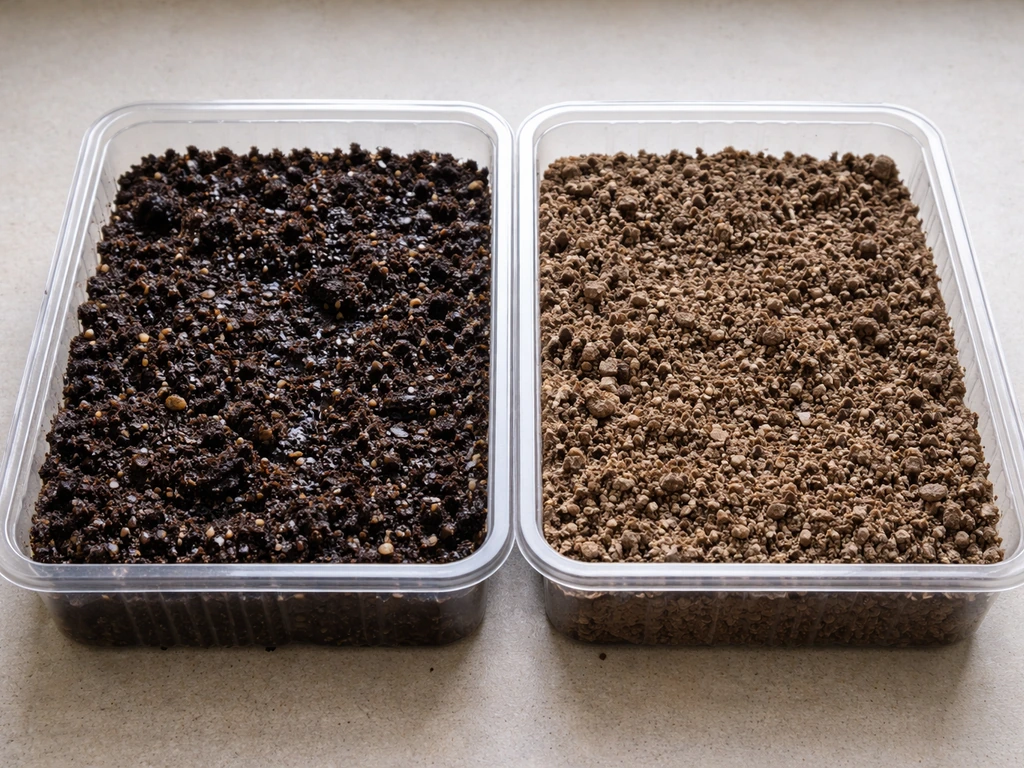 Two identical soil trays side by side showing wetter dark compost soil and drier untreated soil after watering.