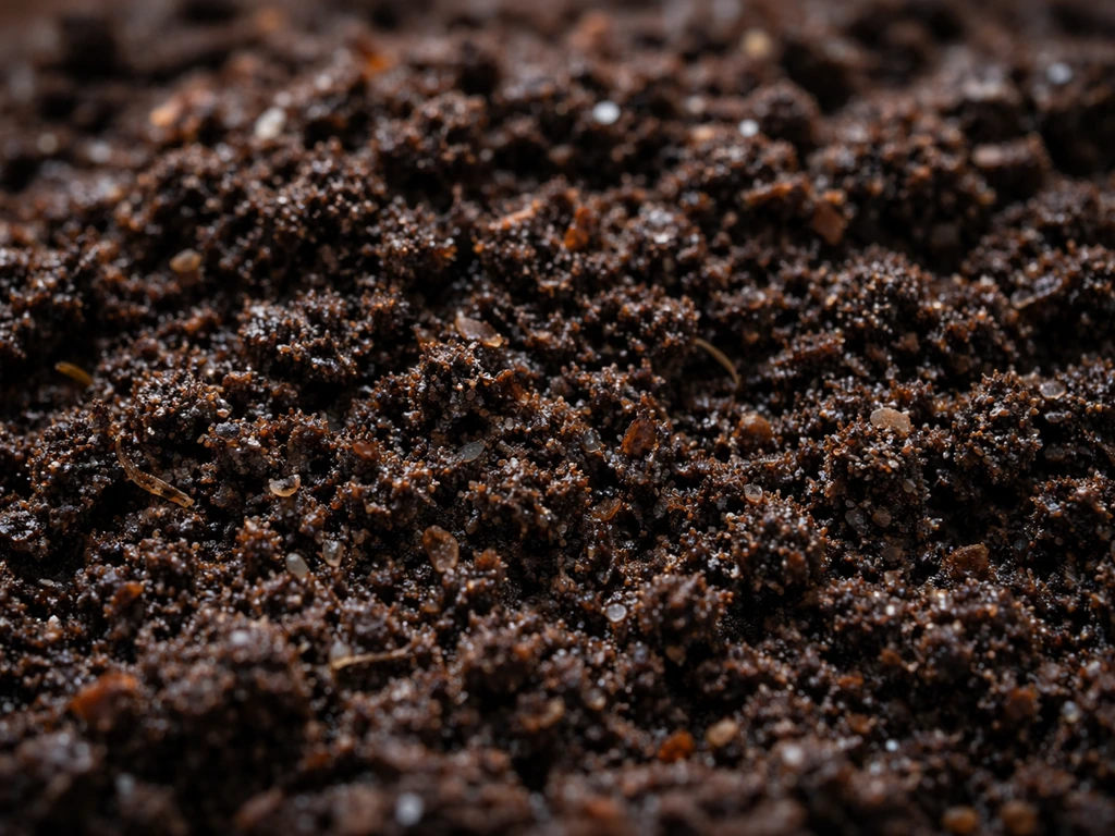 Macro closeup of dark, crumbly finished compost with moist, active-looking texture hinting soil life.