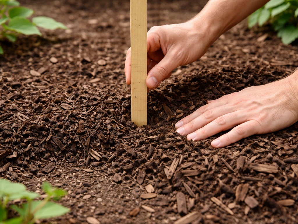 Person using a yardstick to measure a fresh mulch layer over garden soil in an ornamental bed.