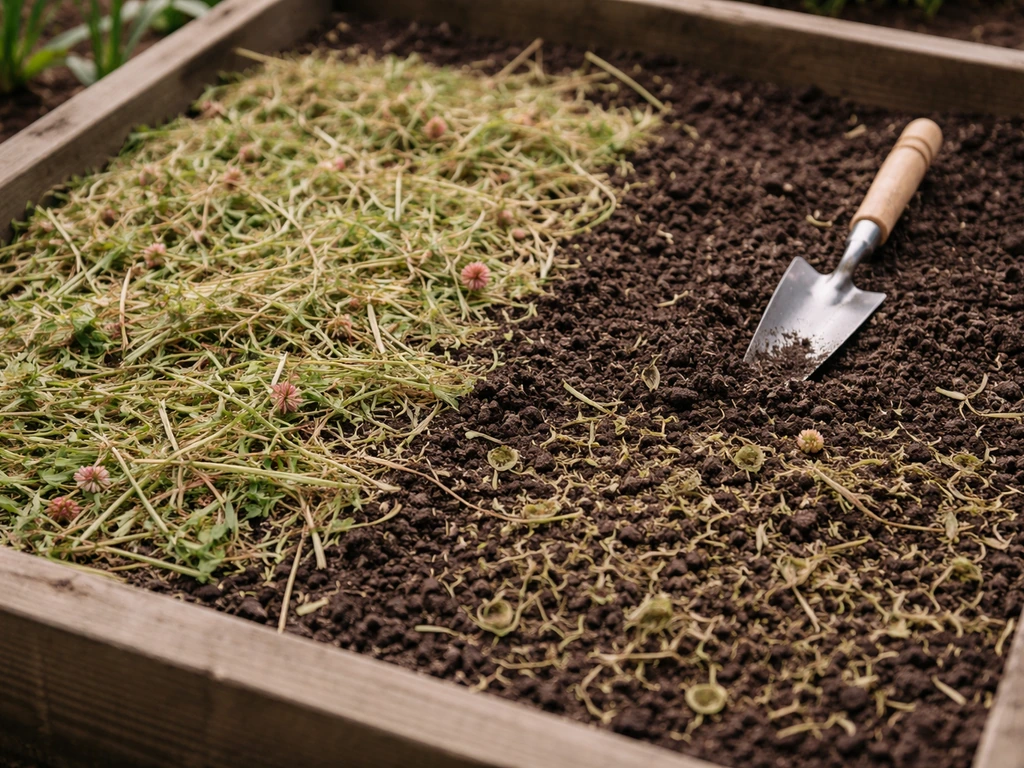 Chopped cover crop residues spread as mulch on soil, with a small section lightly worked in.