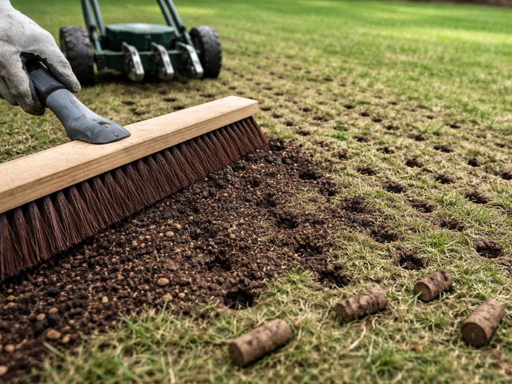 Core aerator holes in a patch of lawn with compost being brushed into the plugs