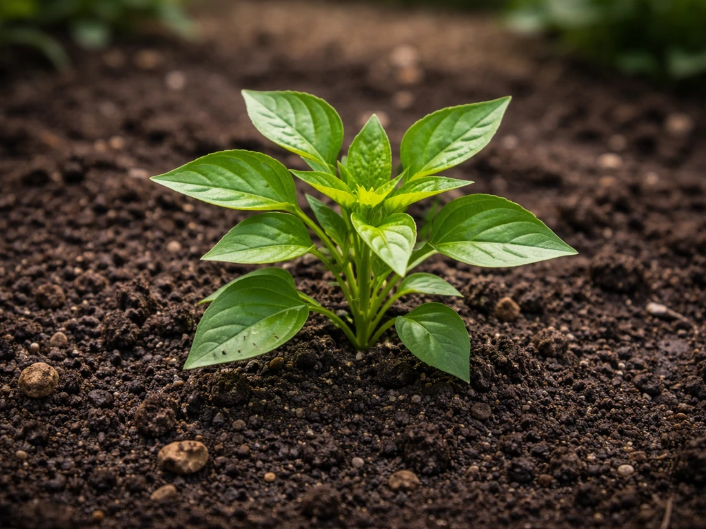 Lush green plant growing in dark nutrient-rich soil with mineral-like pebbles and soft light.