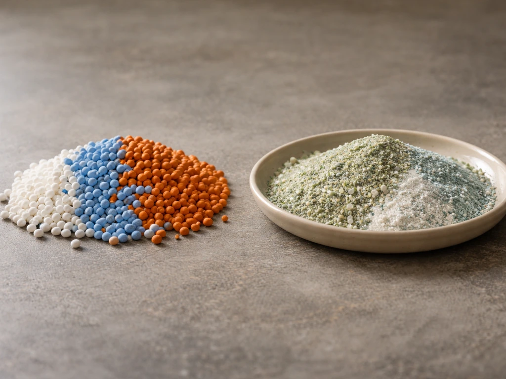 Side-by-side close-up of fertilizer granules and trace micronutrient salts in shallow trays.