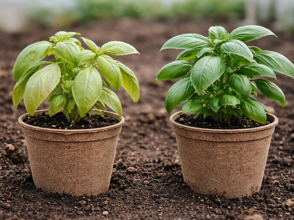 Two potted plants side by side: one with washed-out pale green leaves from nitrogen deficiency, one healthy deep green.