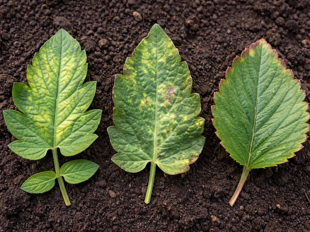 Close-up of three leaves showing yellowing between veins and other trace-mineral deficiency cues.
