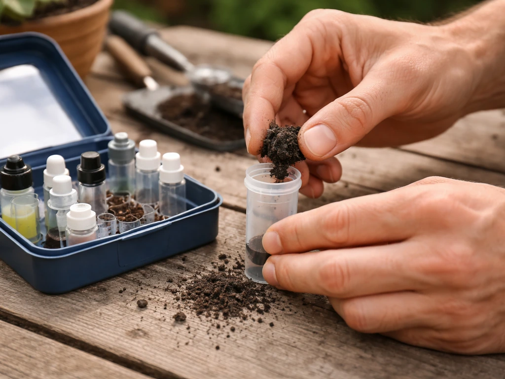 Hands placing a soil sample into a test container with a soil test kit nearby.