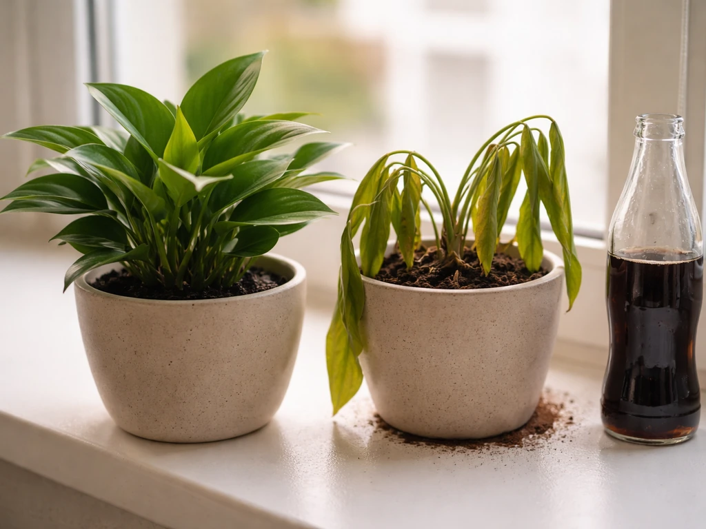 Healthy potted plant in front, with a wilted plant beside an open cola bottle to show soda doesn’t help.