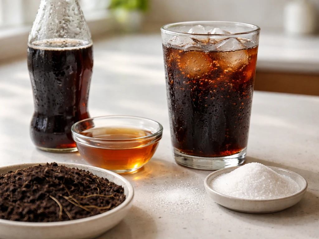 Close-up of cola bottle, syrup and sugar with a small dish of soil and subtle root fibers on a kitchen counter.