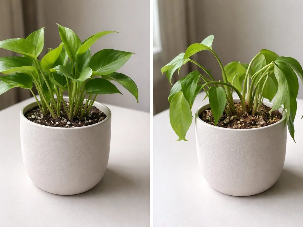 Two potted plants side by side: one briefly perked leaves, the other drooping with damaged root hairs.