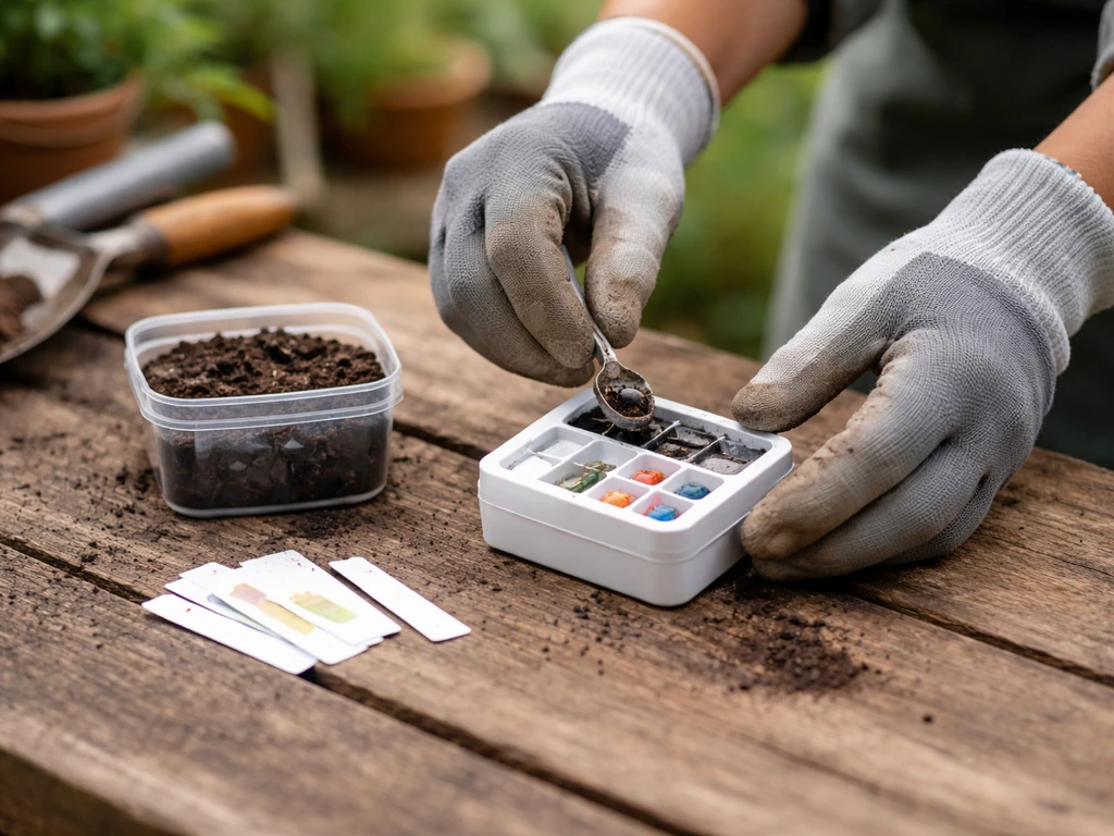 Gloved hands preparing a soil sample beside simple soil test strips on a wooden bench.
