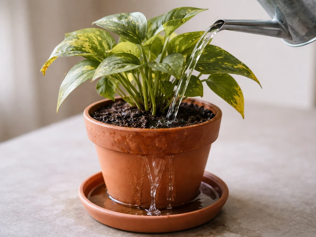Potted plant being flushed with plain water until runoff runs clear, showing recovery
