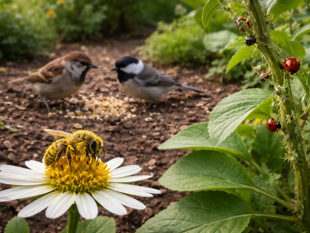 Native bee on a flower, birds near seeds, and beneficial insects on garden foliage in one minimal garden scene