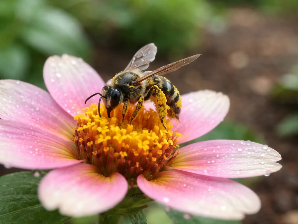 A native bee actively pollinating a garden flower, with soft background greenery in natural light.
