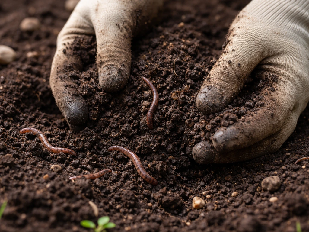 Gloved hands gently digging into rich soil with visible earthworms and crumbly dark humus.