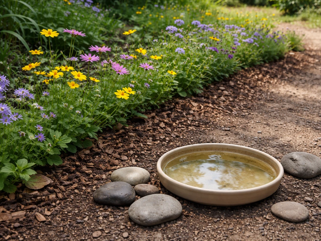 Small garden habitat with native flowering plants, a shallow water dish, and beneficial insect activity