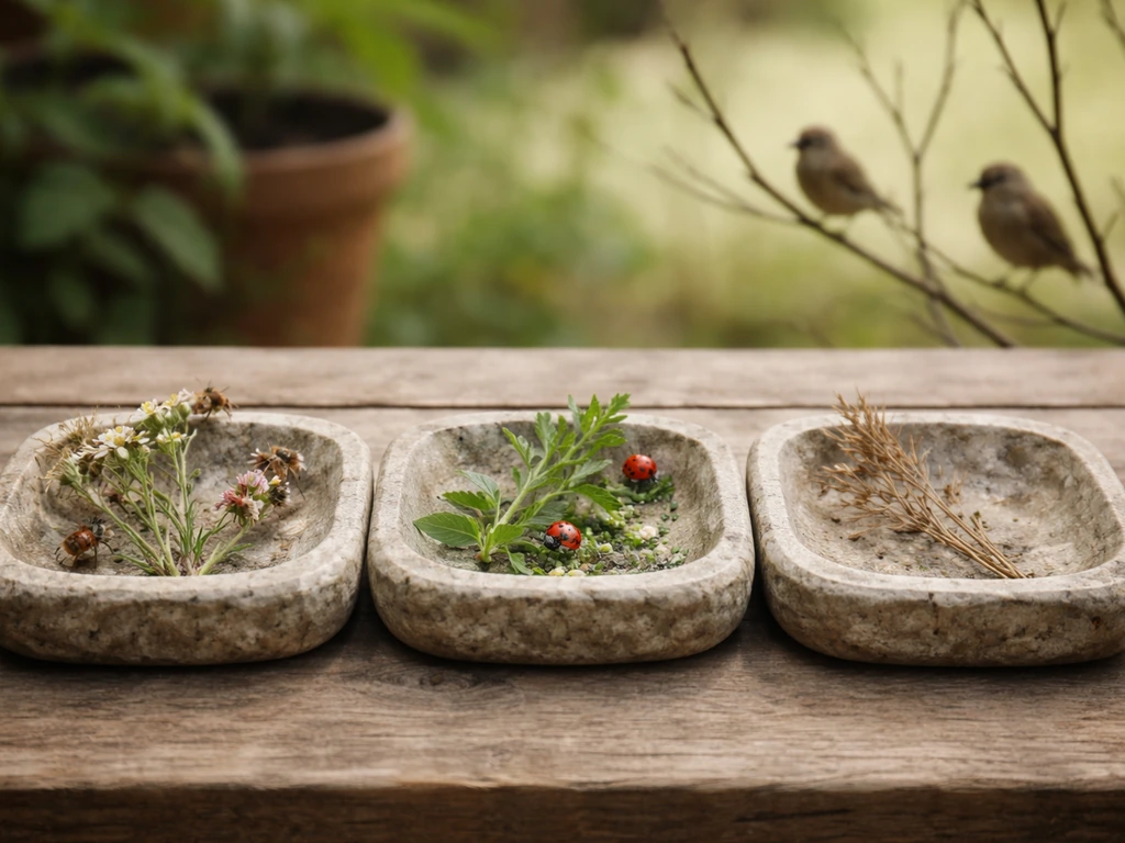 Minimal garden workbench scene with pollinators, aphid predators, and seed-eaters arranged side-by-side in trays.