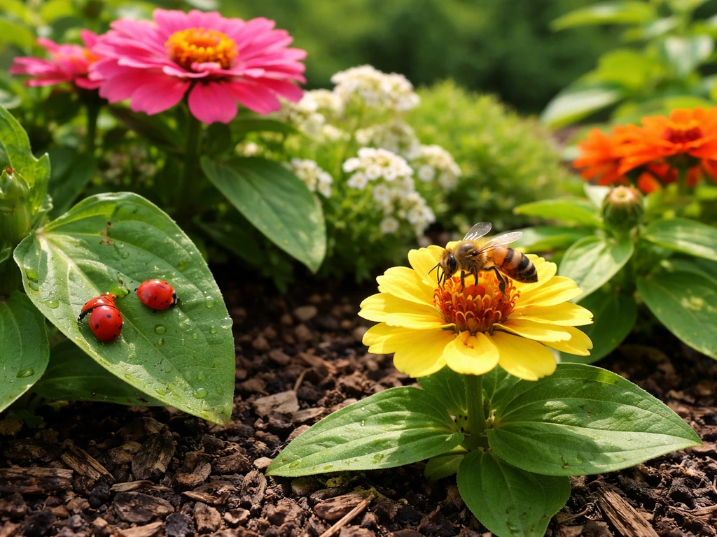 Thriving garden plants with a honeybee on a bloom and lady beetles on leaves.