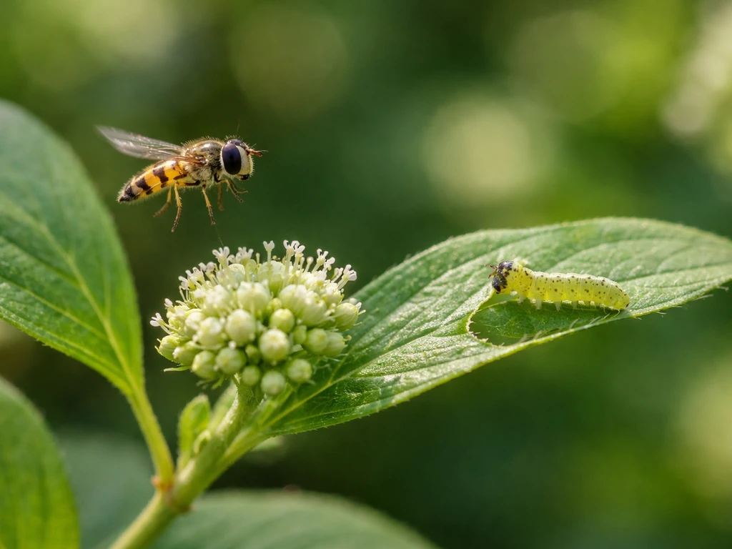 Close-up of a leaf with a small insect feeding and another insect hovering near flowers for pollination.