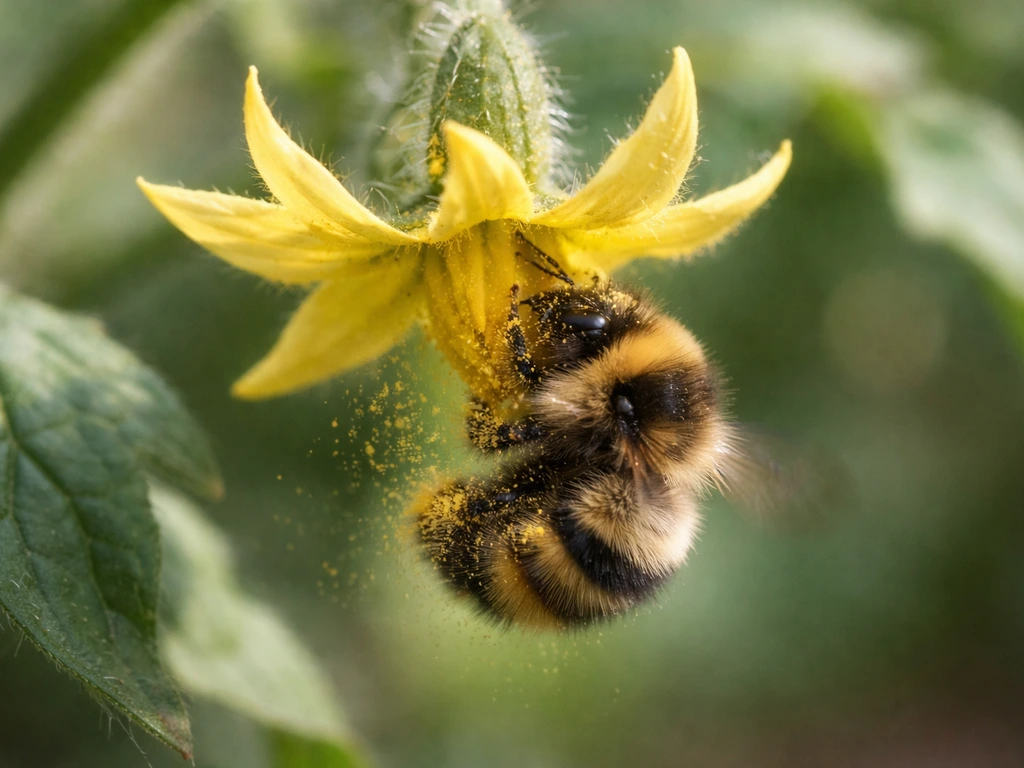 Native bumblebee vibrating on a tomato flower for buzz pollination in soft natural light.