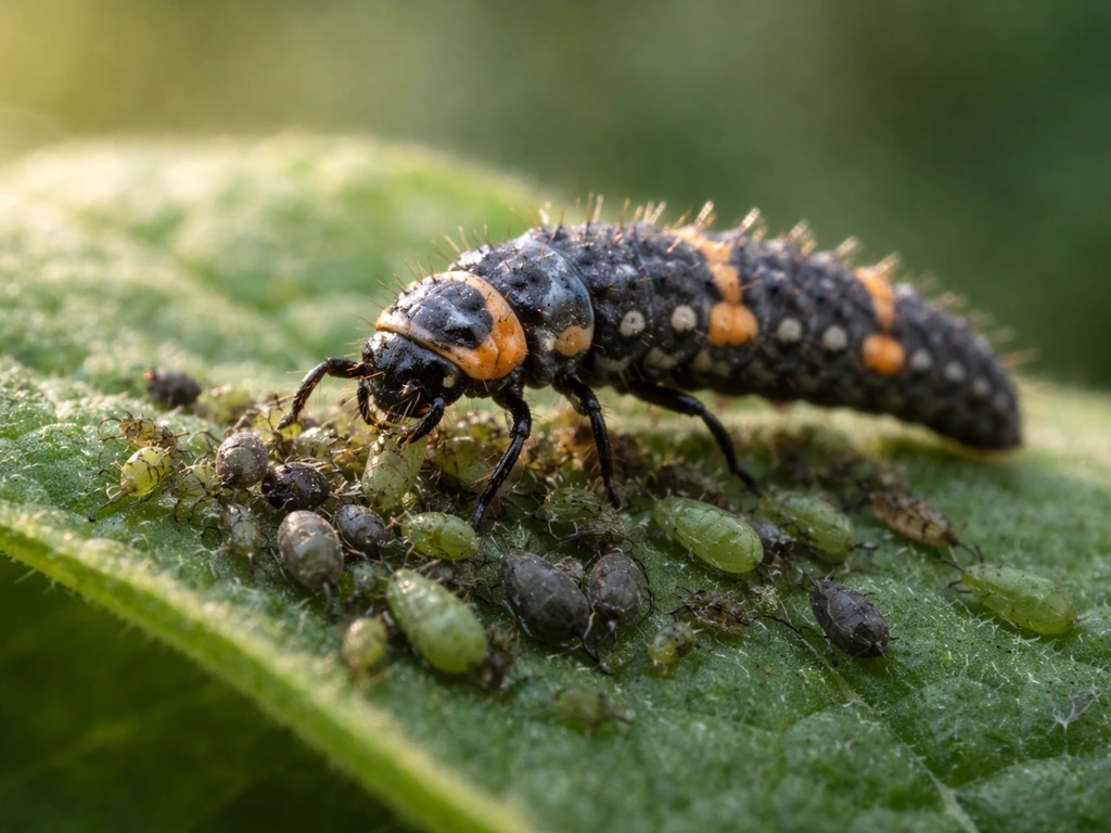 Macro view of a lady beetle larva feeding on an aphid cluster on a green leaf.