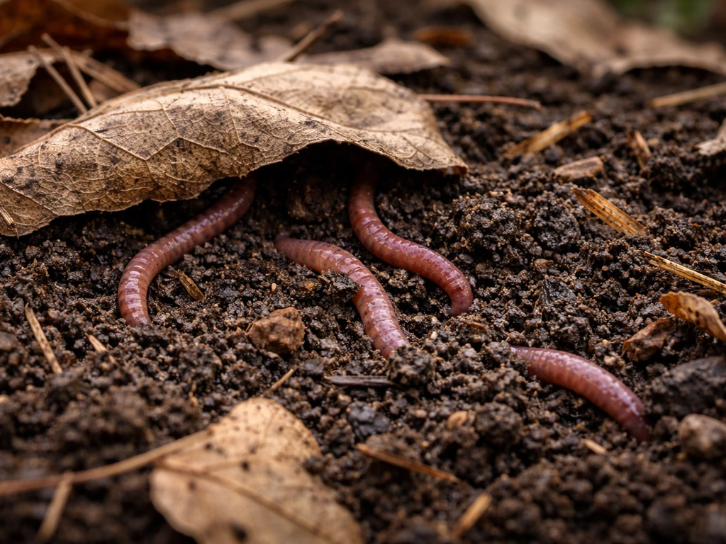 Earthworms moving through dark garden soil beneath leaf litter and decomposing organic matter.