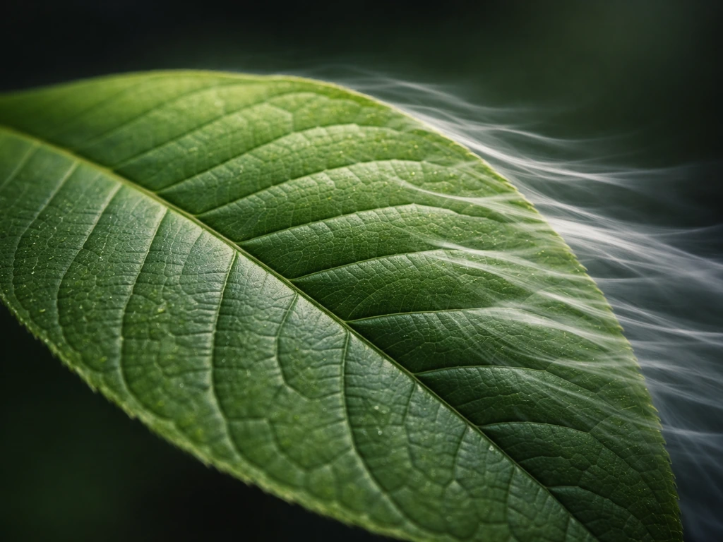 Close-up leaf with gentle airflow thinning a boundary layer effect versus still air around veins.