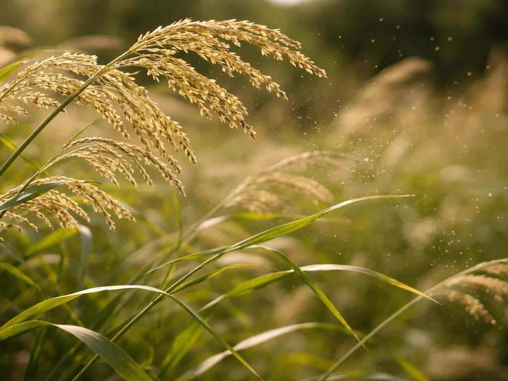 Close-up of corn tassels and grass in a light breeze with faint pollen drifting through sunlight.
