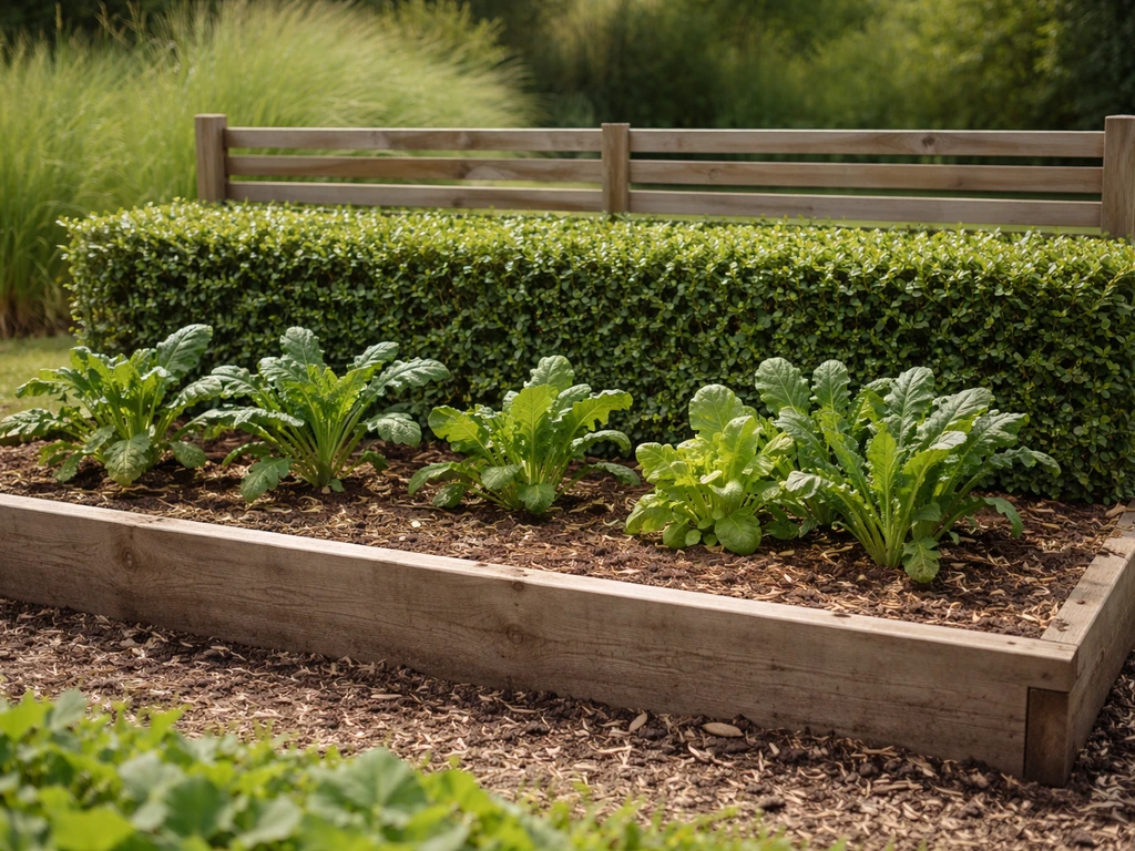 Garden bed with a semi-permeable hedge windbreak and sheltered plants on the calmer leeward side.