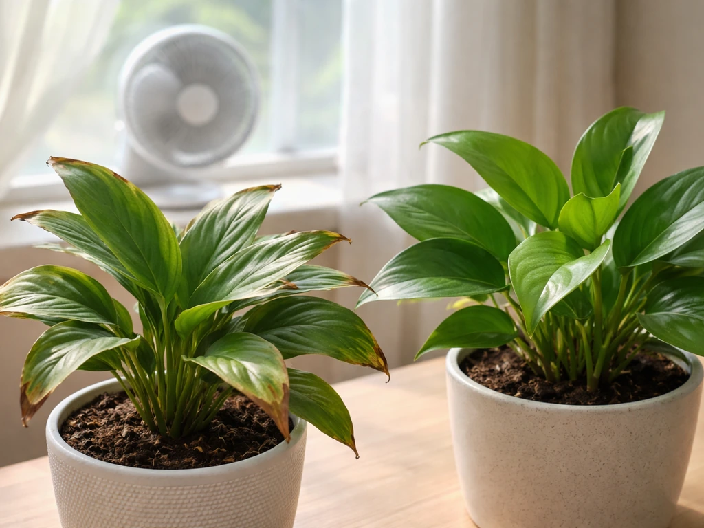 Close-up of potted plants with leaf-tip browning beside a faintly visible small fan and shelter setup.