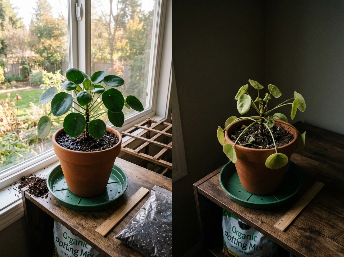 Split view showing healthy growth in strong light versus stressed growth in low light