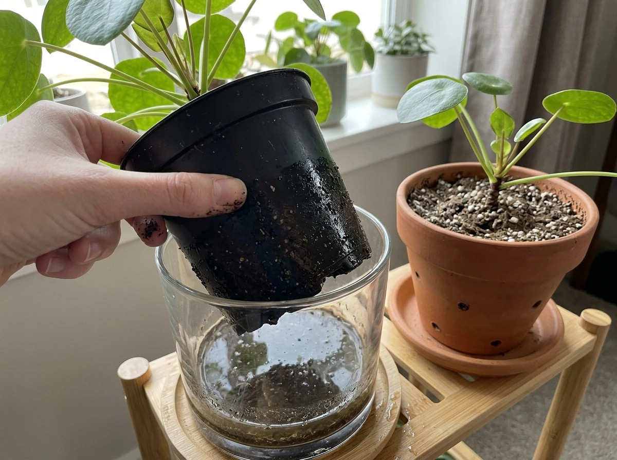 Soggy overwatered soil and drainage saucer showing excess water