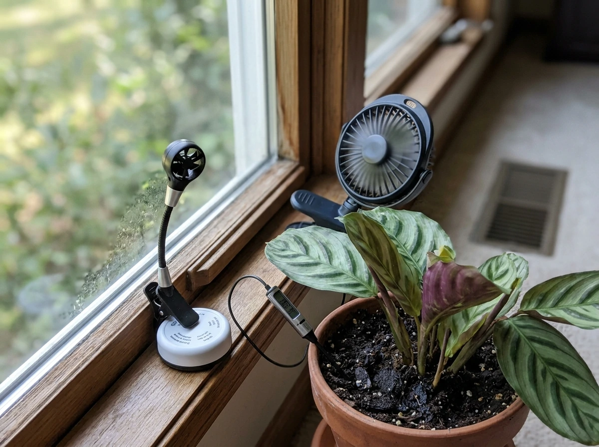 Houseplant near a hygrometer and small fan to show airflow and humidity control