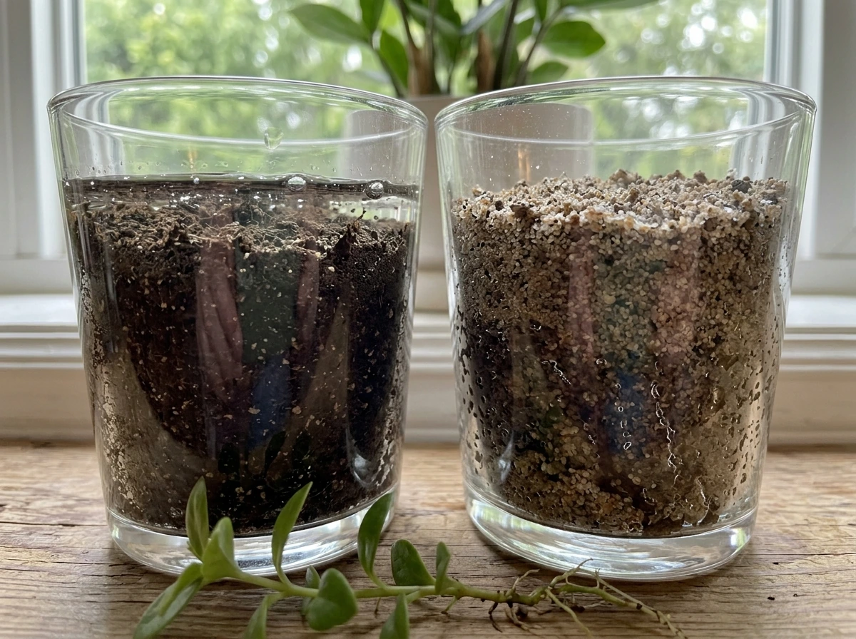 Two jars of soil showing different water movement through pore spaces. Style: candid iPhone photo, natural light, eye-le