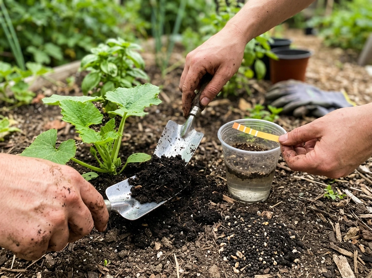 Hand adding compost while showing an at-home soil pH test strip over soil. Style: candid iPhone photo, natural light, ey
