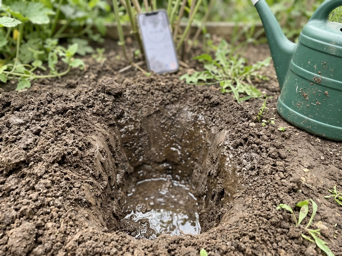 A freshly dug hole filled with water draining downward for a soil drainage test. Style: candid iPhone photo, natural lig