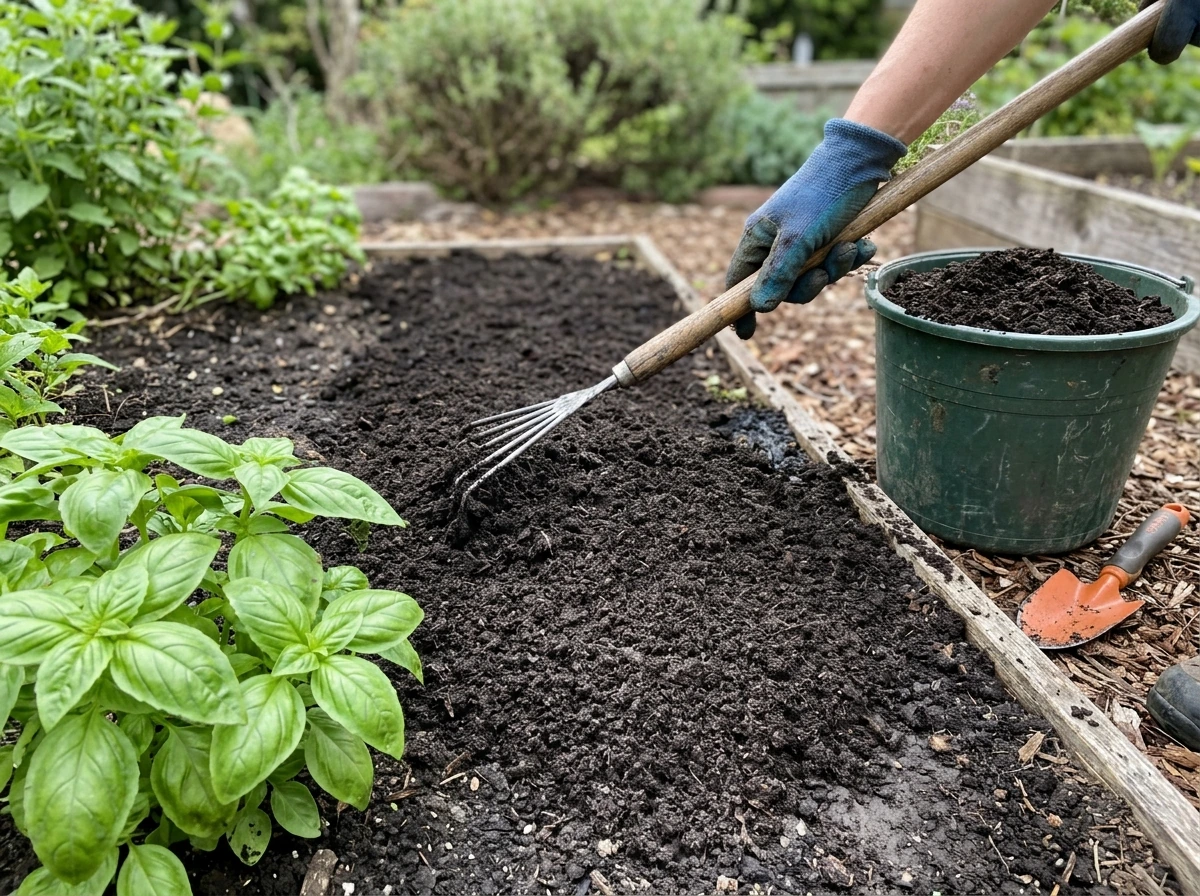 Compost top-dressed over a garden bed to improve soil for better plant growth. Style: candid iPhone photo, natural light