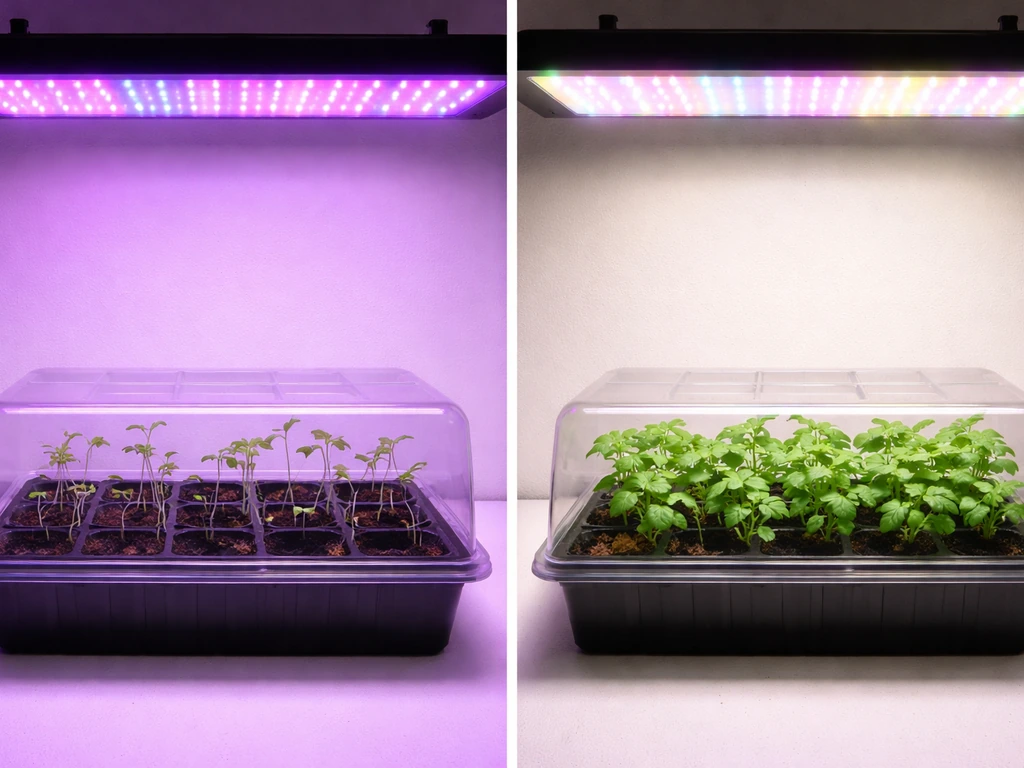 Two small plant trays side by side: purple-only light vs purple plus another color, showing different growth