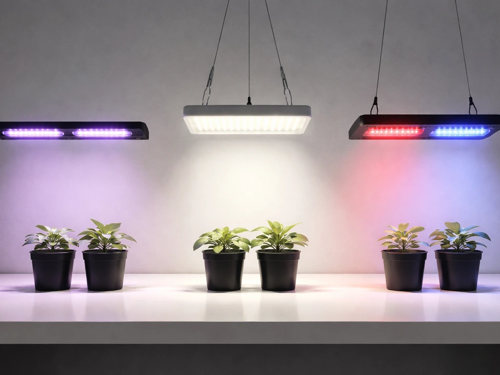 Three grow lights side-by-side showing purple/blurple, full-spectrum, and separate red-blue glow over small plants.
