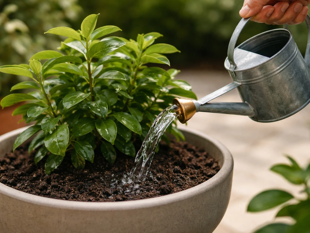 Healthy potted plant being watered with seaweed-based fertilizer from a watering can