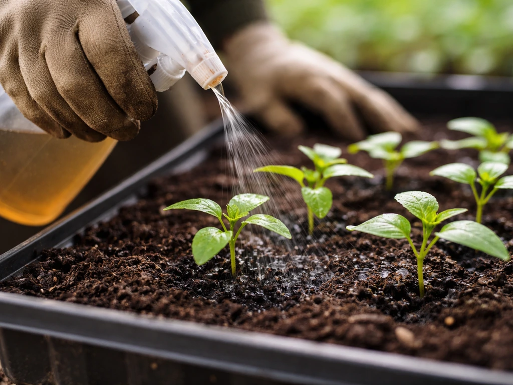 Hands gently applying diluted seaweed extract to small plant seedlings in soil.