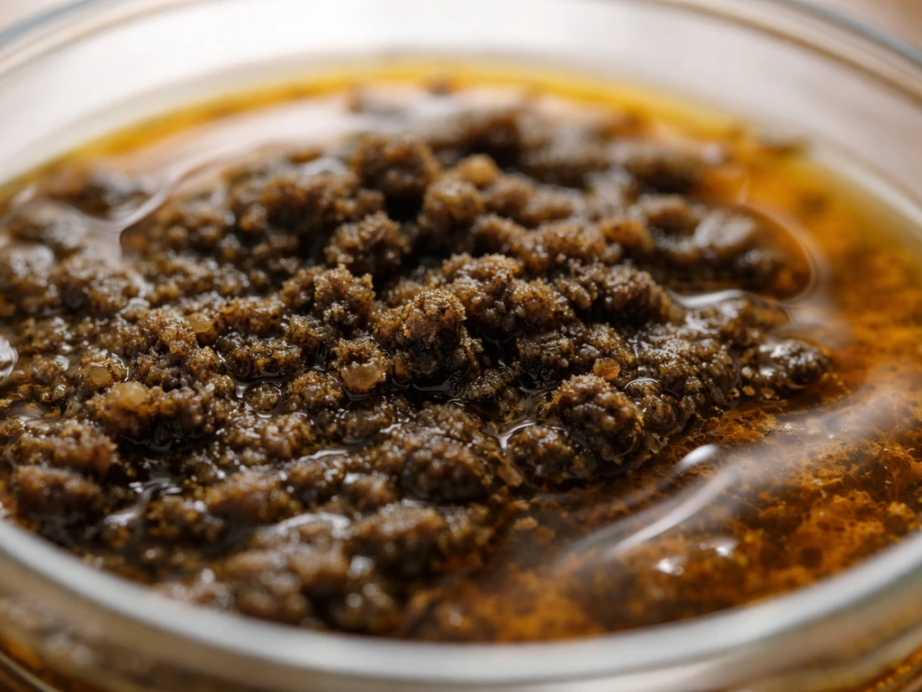 Macro view of dark brown seaweed particles suspended in amber extract solution