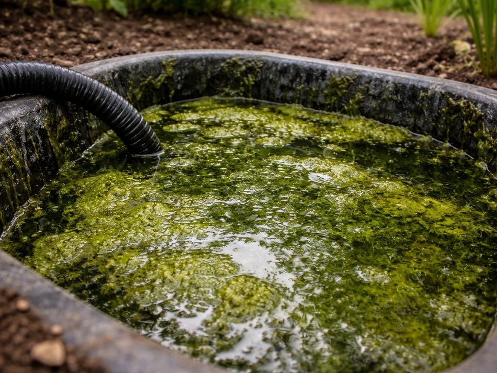 Green algae scum buildup in a small outdoor water reservoir, showing algae harming a water feature.