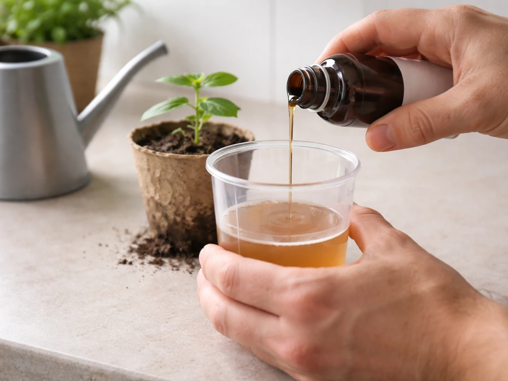 Anonymous hands measuring and diluting seaweed extract before pouring into a potted plant’s root zone.