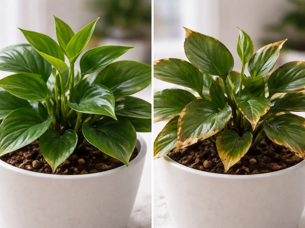 Split view of a potted plant showing healthy dark green new growth vs leaf tip burn and scorched edges.